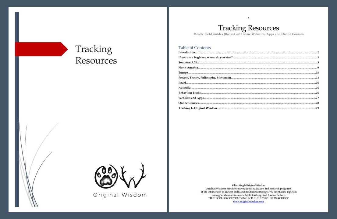 The cover and table of contents for our FREE 30 page document of Tracking Resources, an international guide of Original Wisdom recommended study materials for Trackers.